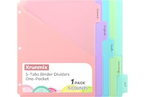 XRUNMIX 5 Tabs Dividers with Pockets for 3 Ring Binder, 5 Counts Binder Dividers for US Letter Size, Binder Dividers with Tabs for School Office and Home Organization, 5 Pastel Color (1)
