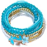 Caiyao 9Pcs Bohemian Multilayer Flower Heart Butterfly Pendant Elastic Bracelets Colorful Stackable Seed Beaded Stretch Bracelet Hawaii Friendsgip Wristbands for Women Summer Beach Vacation Jewelry