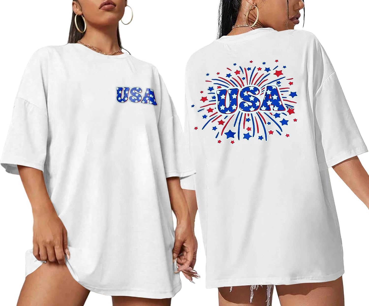 Photo 1 of 4th of July Outfits for Women: Oversized USA Shirt Red White and Blue Shirts Patriotic Short Sleeve Tee Tops xxl
