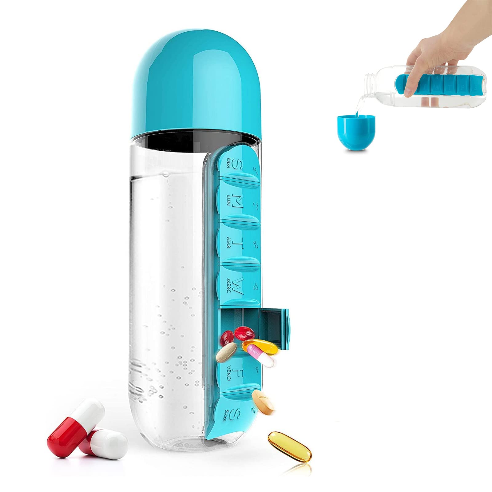 600ml 7-Day Pill Organizer Cup | 2-in-1 Detachable Water Bottle & Medicine Box, Portable Pill Box for Travel, Work, Family | Braille Label, Large Capacity Hydration