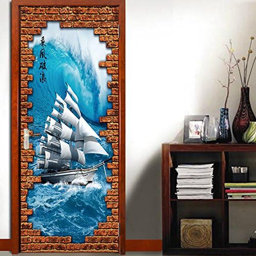 Amaonm Set of 2 38.5x200cm/15.1x78.7inch Removable 3D False Door Wallpaper Vinyl 3D Sea and Ferry Sail art Decor Stickers Murals for Walls Home Room Bedroom Living Room Office Decoration (NM05)