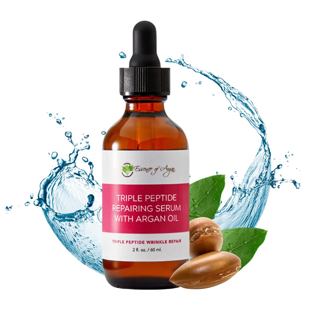 Essence of Argan Triple Peptide Serum for Face, Anti Aging Face Serum with Argan Oil, Aloe Vera, Chamomile, Green Tea and Olive Oil for Deep Moisturization, Skin Glow and Wrinkle Repair (2fl.oz/60ml)