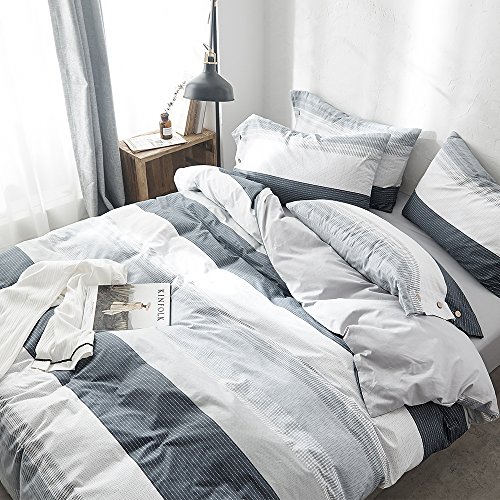 VClife Cotton Bedding Sets Gray White Black Kids Duvet Cover Sets Reversible Stripe Bedding Collection for Boy Girl Woman Man Teens Home Dorm Soft Hypoallergenic 3 PCS Bed Set