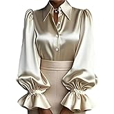 Women's Satin Collared Button Front Puff Sleeve Ruffled Flare Cuff Blouse – Elegant Office Work Business Casual Top