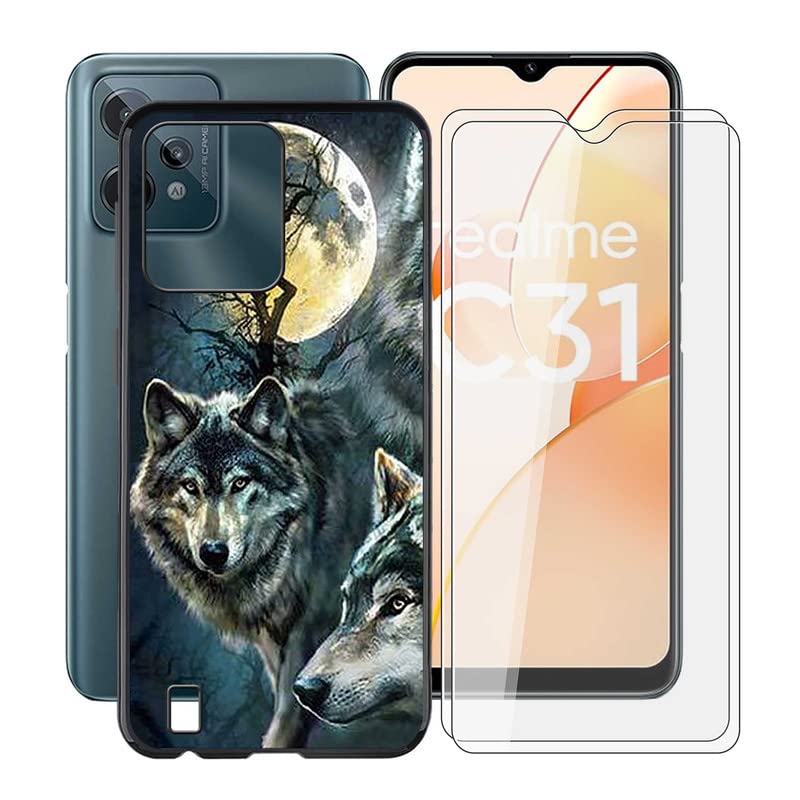 HGJTF Mobile Phone Case for Realme C31 (6.5 Inches) + 2 Pieces Screen Protector, Tempered Glass Film + Black Soft Silicone TPU Bumper Scratch-Resistant Cover Protective Case for Realme C31 - WMA29
