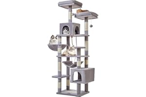 Taoqimiao Cat Tree, 71-Inch Cat Tree Cat Tower for Indoor Cats, Plush Multi-Level Cat Condo with 10 Scratching Posts, 2 Perches,Basket, 2 Caves,Hammock, 2 Pompoms,MS020W Light Gray