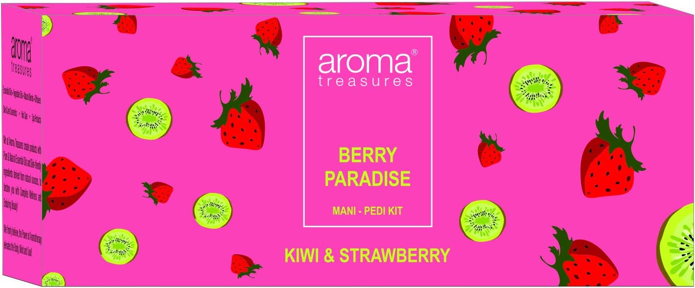 Aroma Treasures Berry Paradise Mani-Pedi kit - 87g - - with kiwi and strawberry (contains cuticle cream, bath fizz, wash, scrub, body butter and masque)