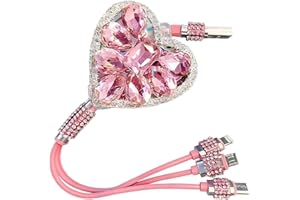 Zosgrew Car Retractable Multi Charging Cable, 3 in 1 Fast Charger Cord, Heart-shaped Diamond-studded Car Charger Cable, Stylish for Women, Compatible with Phone, Tablets (Pink)