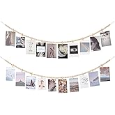 Mkono Hanging Photo Display with Clips, Boho Wooden Bead Garland Banner, Collage Card Picture Kids Art Holder String with 10 