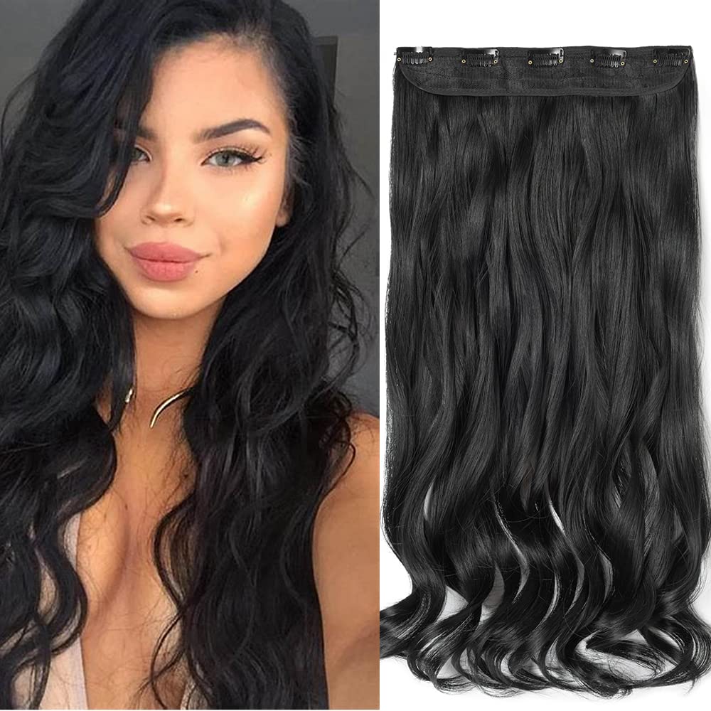 24 Inch One Piece 5 Clips Matte Material Hair Extension Curly Wavy Clip In Hairpiece Synthetic For Women Beauty, Dark Black