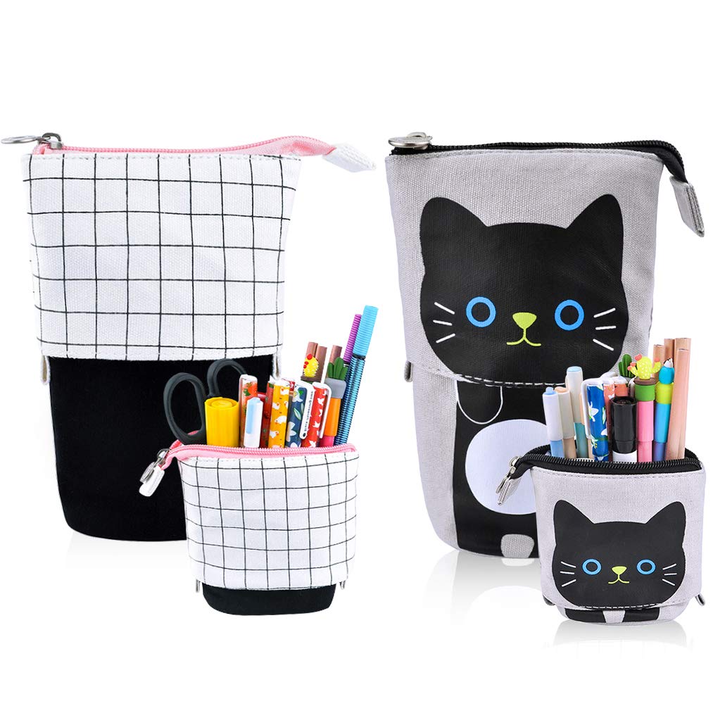 iSuperb 2 Pieces Pencil Case Stand Up Pencil Holder Cute Cat Pencil Box Pen Organizer Pencil Pouch Bag with Zipper Cosmetic Canvas Stationery Makeup Bag for Boys Girls Students and Office Supplies