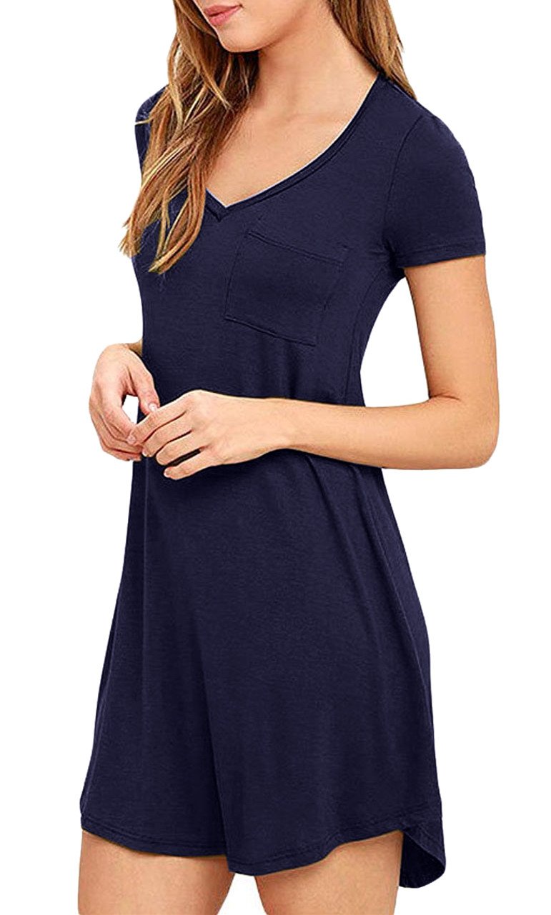 Eanklosco Womens Casual Short Sleeve Plain Pocket V Neck T Shirt Tunic Dress (Navy Blue, L)