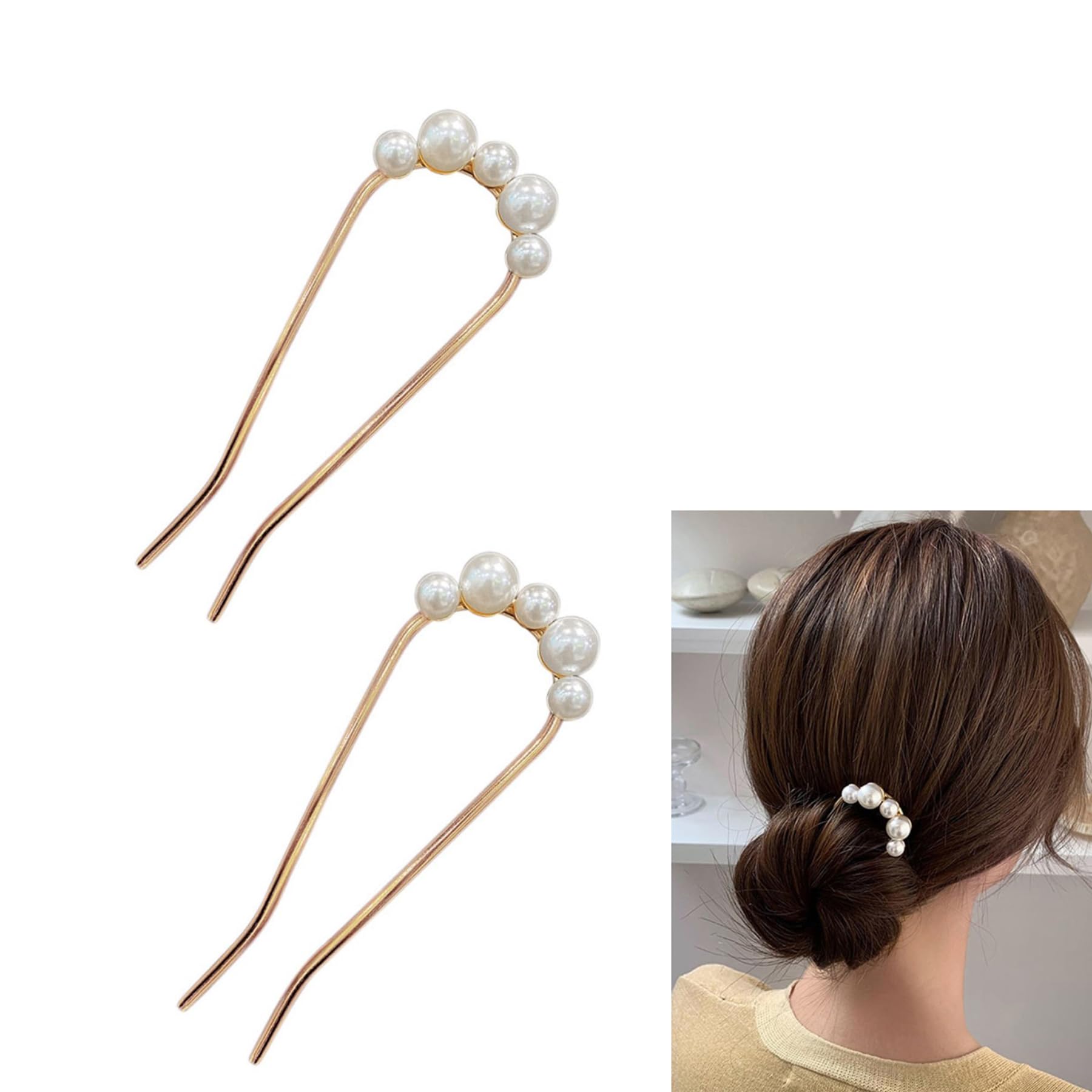 2 Piece Hair Clip Pin, U Shaped Hairpin, Hair Stick, French Style Hair Stick, U Shaped Hair Pins, U Shaped Hair Pin Accessories, for Women Girls Hair Styling Accessories (Gold)