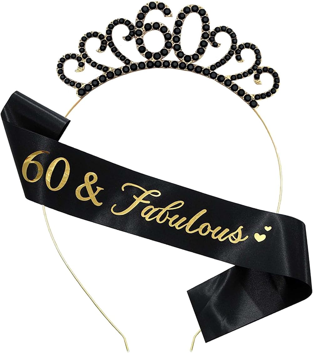 MIOSJI 60th Birthday Sash Tiara Crown Black Gold Women Party Decorations Gift