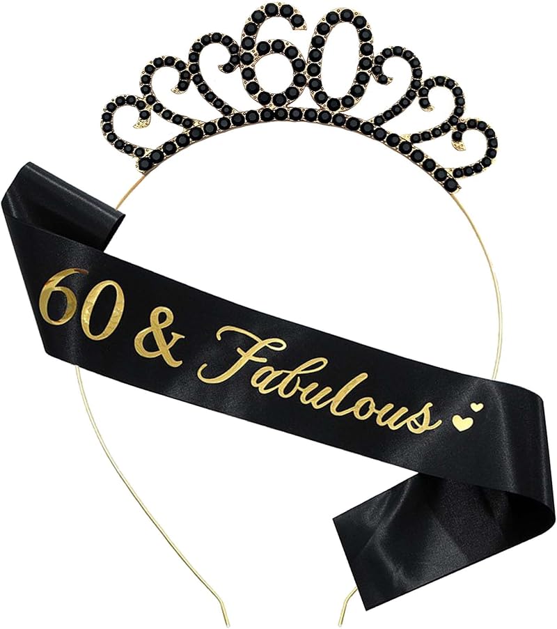 MIOSJI 60th Birthday Sash Tiara Crown Black Gold Women Party Decorations Gift