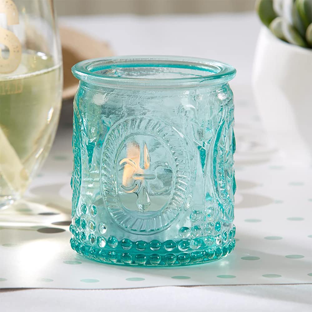 Kate Aspen Vintage Glass Tealight & Votive Candle Fleur-de-lis Tea Light Holders, Set of 8, Blue