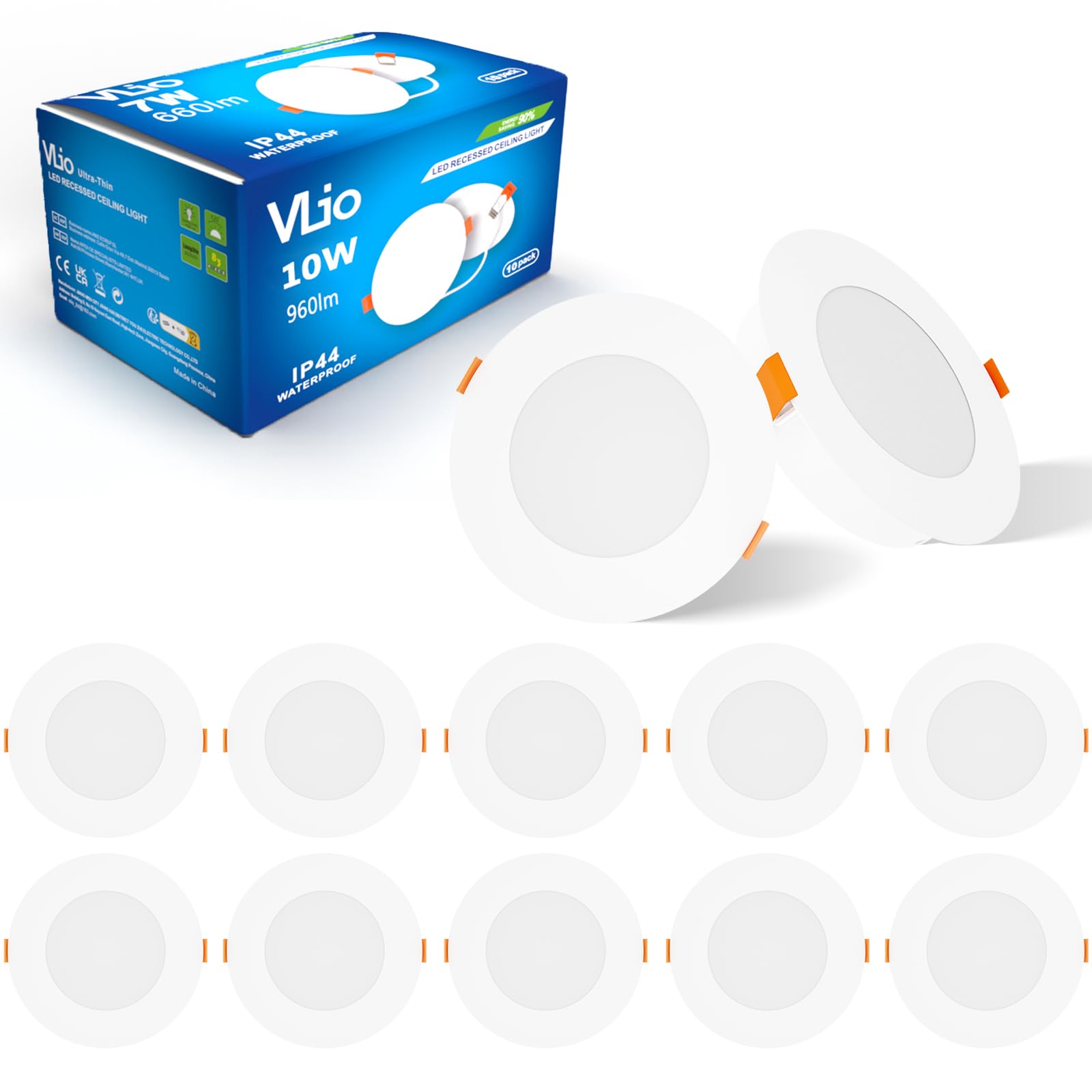 Vlio 10W LED Downlights for Ceiling, 3000K Warm White, 110mm-125mm Hole Size, 960LM, Ultra Slim LED Recessed Ceiling Lights IP44 Round Spotlights for Bathroom Kitchen Living Room, 10 Pack