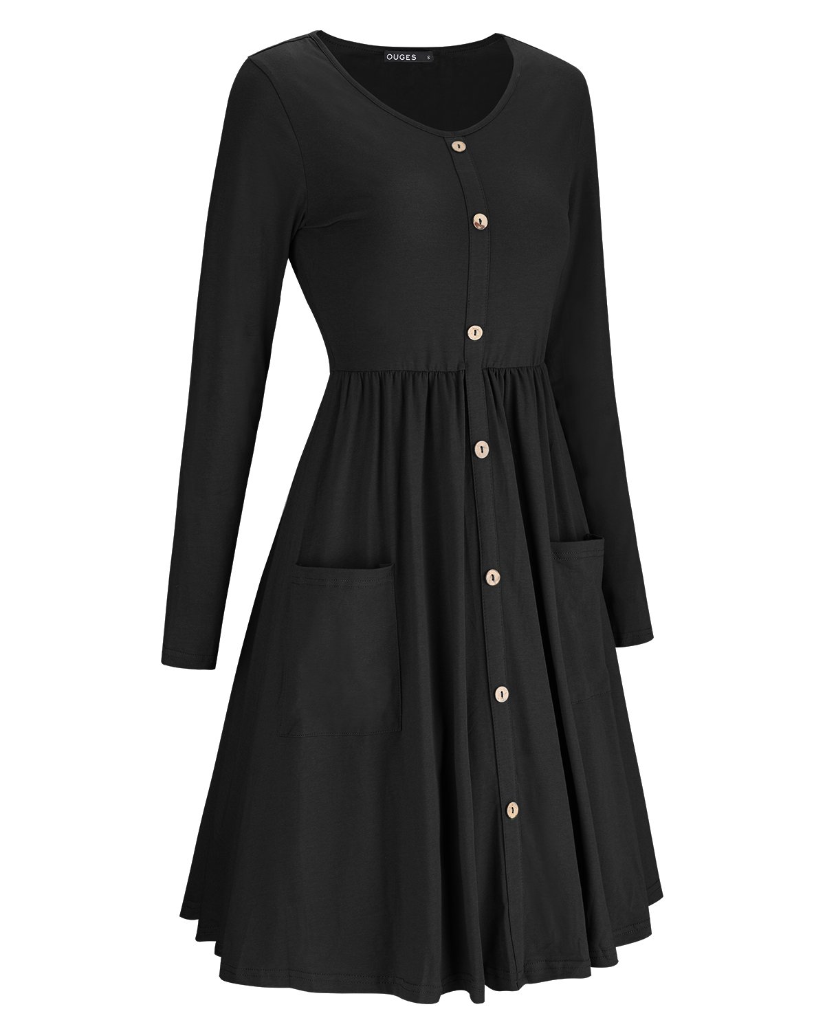 OUGES Women's V Neck Button Down Skater Dress with Pockets