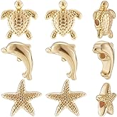 Beebeecraft 12Pcs Dolphin Starfish Sea Turtle Beads 18K Gold Plated Brass Sea Animal Beads with Storage Box for Summer Necklaces Bracelets Making