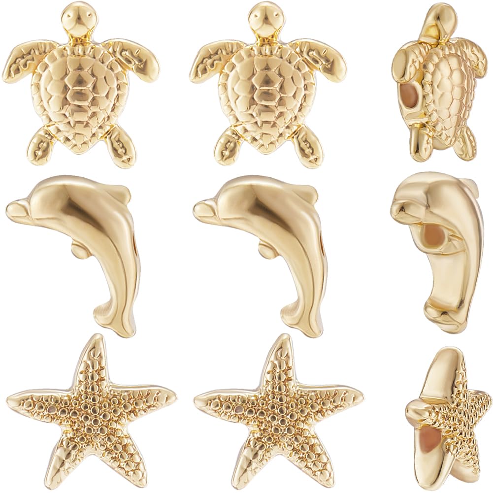Beebeecraft 12Pcs Dolphin Starfish Sea Turtle Beads 18K Gold Plated Brass Sea Animal Beads with Storage Box for Summer Necklaces Bracelets Making