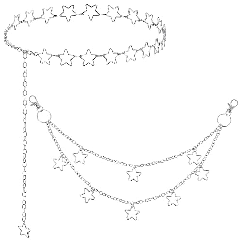 Xindojuz 2 PCS Silver Star Waist Chain Belt, Adjustable Western Metal Belly Chain, Pants Pocket Punk Hip Hop Wallet Chains for Women Men Emo Body Jewelry Goth Y2K Accessories (2 Styles)