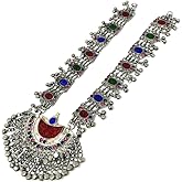Duel On Jewel Afghan Tribal Pendant Necklacs for Women, Handmade Oxidized Metal with Multicolor Stones and Fringe Details, Statement Design, 10-Inch, Bohemian Belly Dance Indian Festival Jewelry