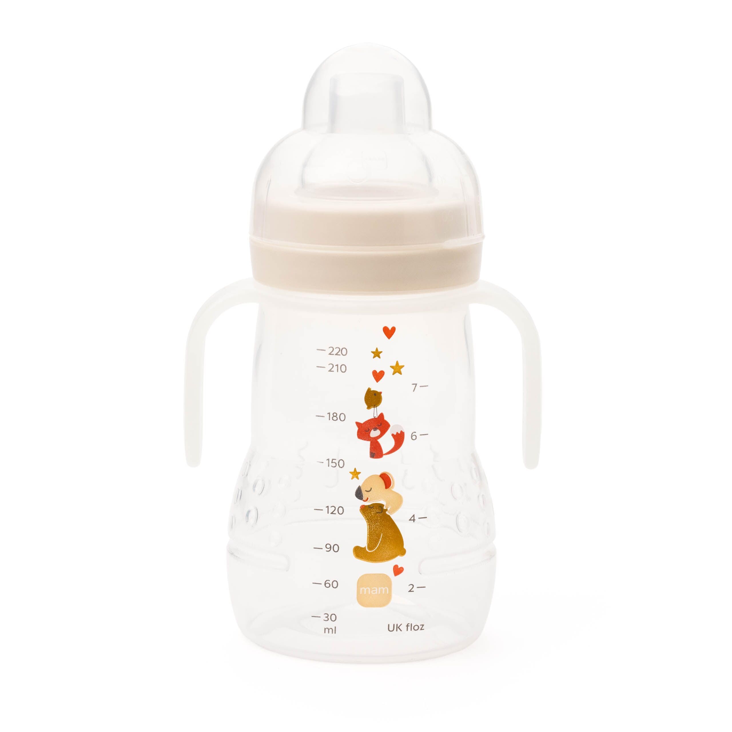 MAM Trainer Night | 1 Pack (1 x 220ml) | Comes with MAM Bottle Handles that Glow in the Dark | Suitable from 4+ Months | Spill-Free | Cream (Various Designs)