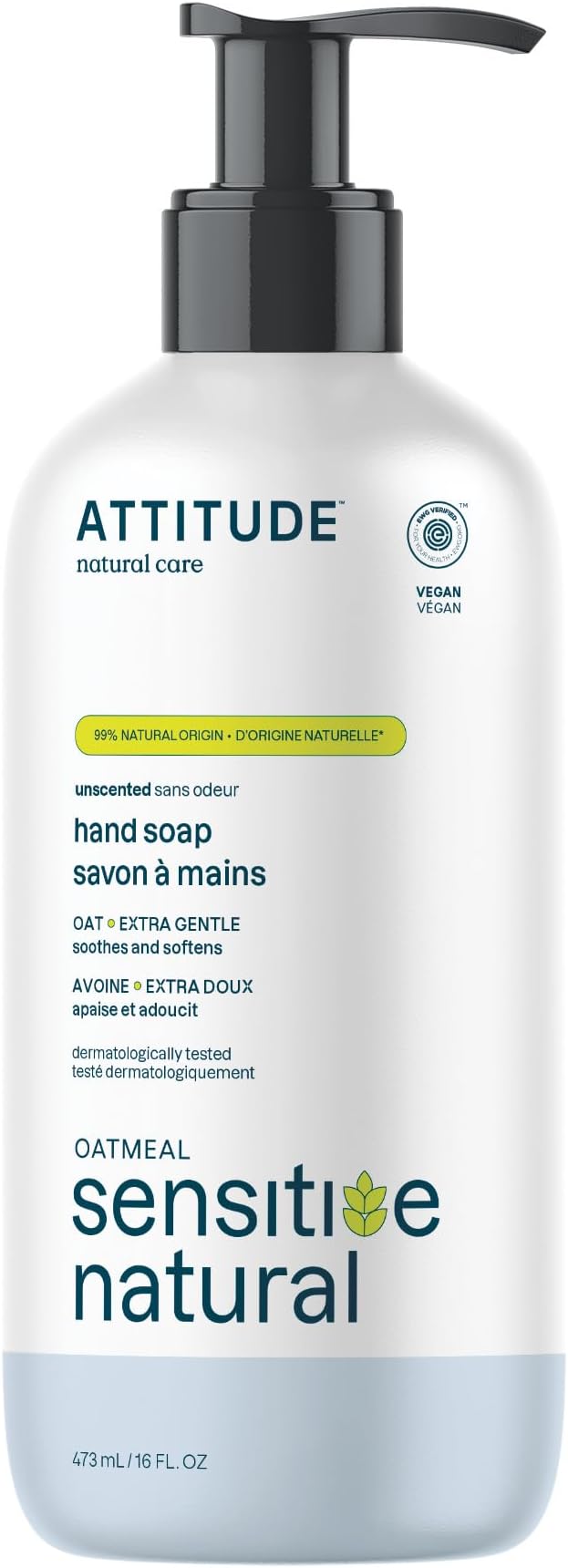 ATTITUDE Sensitive Natural Hand Soap Unscented 473 mL with Oat EWG Verified