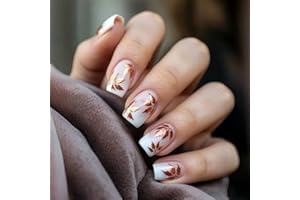AROVFAM Sparkly Maple Leaf Press on Nails Thanksgiving Medium Square False Nails Glossy Gold Glitter Acrylic Fake Nail 24Pcs Fall Leaves Stick on Fingernails Autumn Gel Glue on Nail for Coquette Women Girls