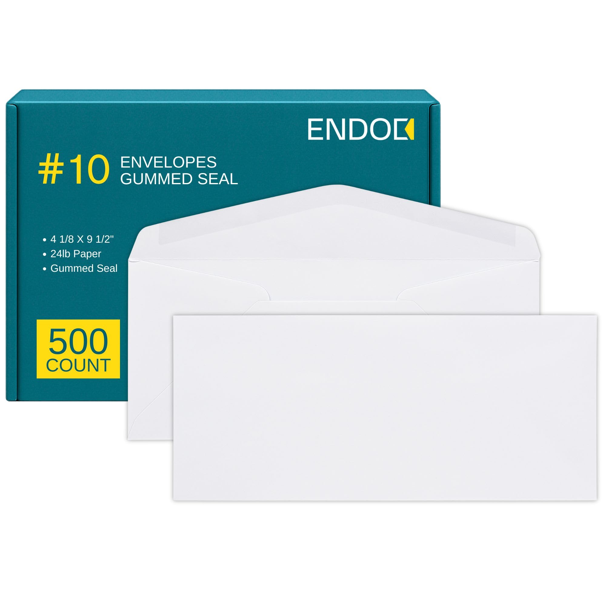 Photo 1 of #10 Business Envelopes, 500 Count, Mailing Envelopes, 4 1/8 x 9 1/2 Inch Size, Gummed Flap Envelopes Letter Size, 24 LB Paper - Bright White Color