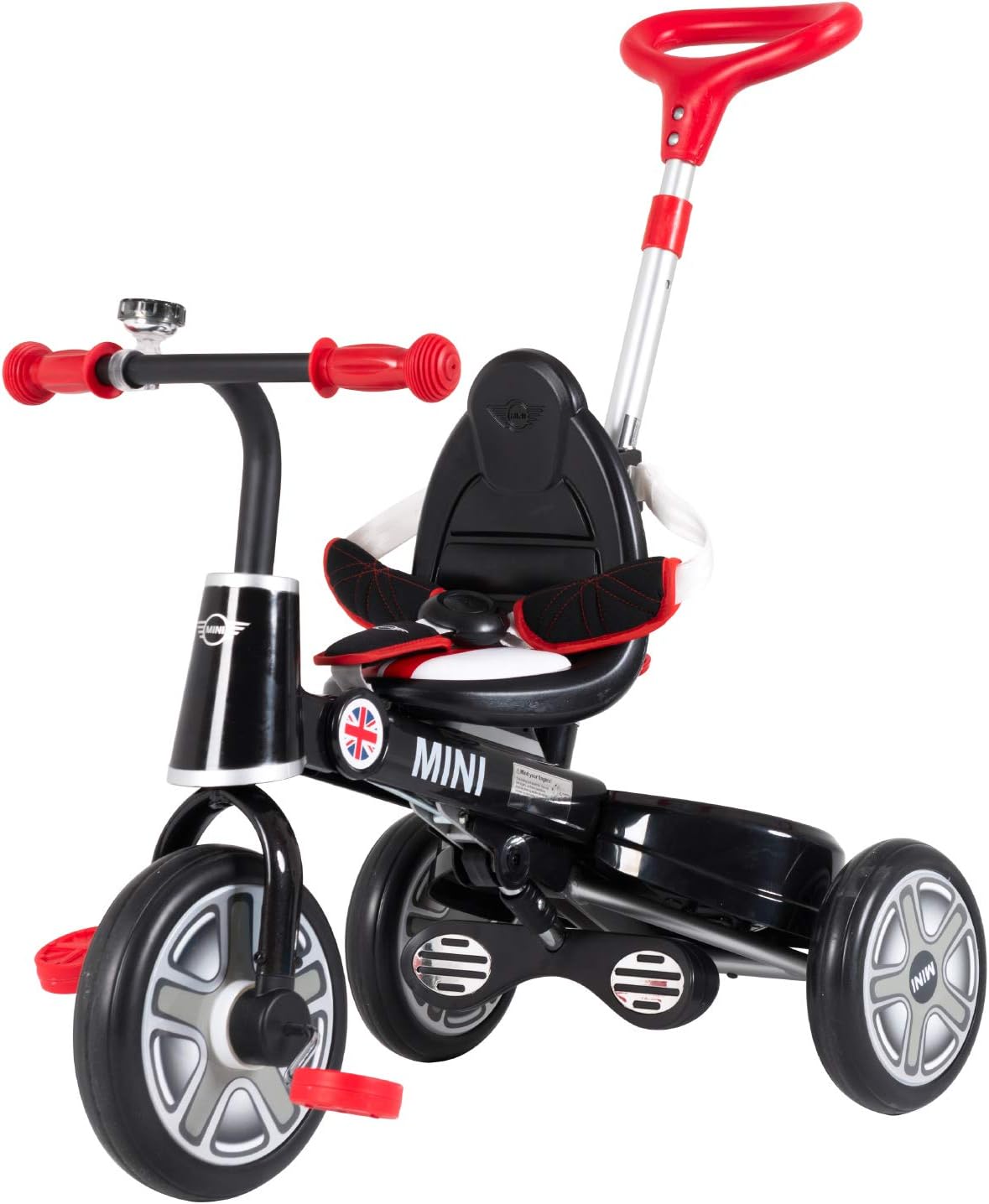 Uenjoy Mini Kids Tricycle with Push Handle, 2 in 1 Foldable Steer Stroller, Learning Bike, Safety Harness, Folding Pedal, Storage Basket, Bell, Durable Wheels, Red/Black