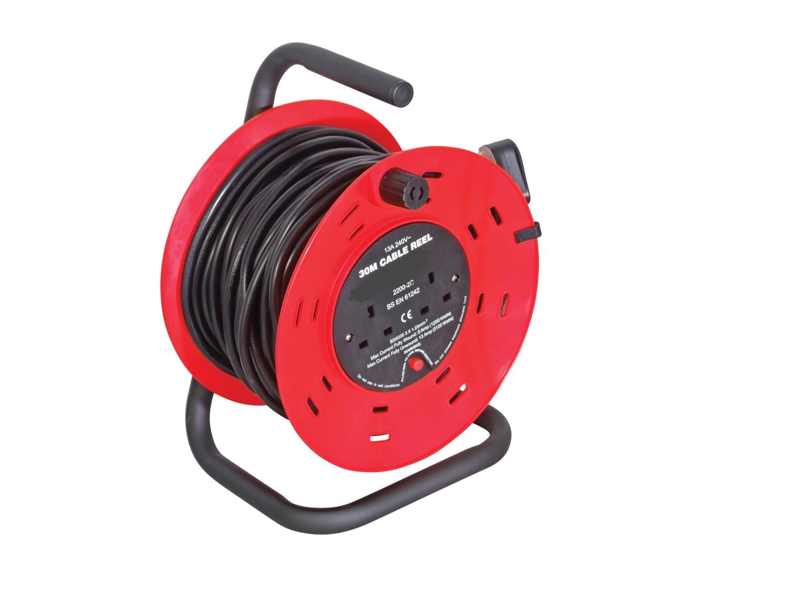 Motionperformance Essentials Garage & Home Red/Black 2 Gang 30 m Extension Reeler with Stand, Carry Handle and Reset Button