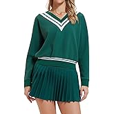 Womens Sweatsuits 2 Piece Set Color Block V Neck Sweatshirts High Waisted Tennis Running Golf Tracksuits Skirts Sets