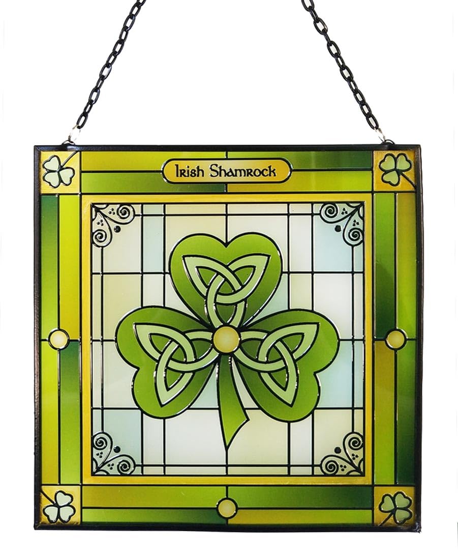 Royal Tara Shamrock Stained Glass Window Hang Suncatcher Square Irish Handcrafted House Decor Housewarming Gift 6.3"