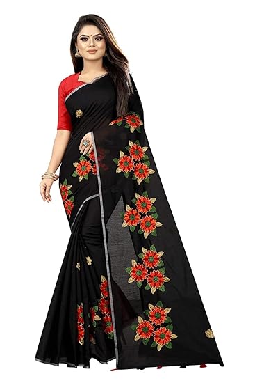 RAJESHWAR FASHION WITH RF Womens Chanderi Cotton Blend Linen Embroided Style Saree with Unstitched Blouse Piece