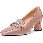 DearOnly Heeled Loafers for Women Square Toe Chunky Block Mid Heel Pumps Slip-on Metal Chain Work Office Dress Shoes 2.8 Inches Heels