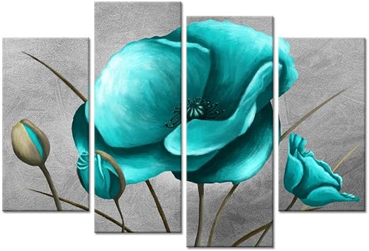 Sdefw 4 Paneles Flor Pared Arte Lienzo Impresion Azul Turquesa