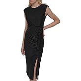 DKNY Women's Sleeveless Jewel Neck Shoulder Pads Side Slit Midi Dress