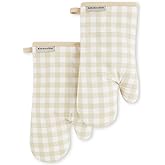KitchenAid Gingham Oven Mitt 2-Pack Set, Milkshake, 7"x13"