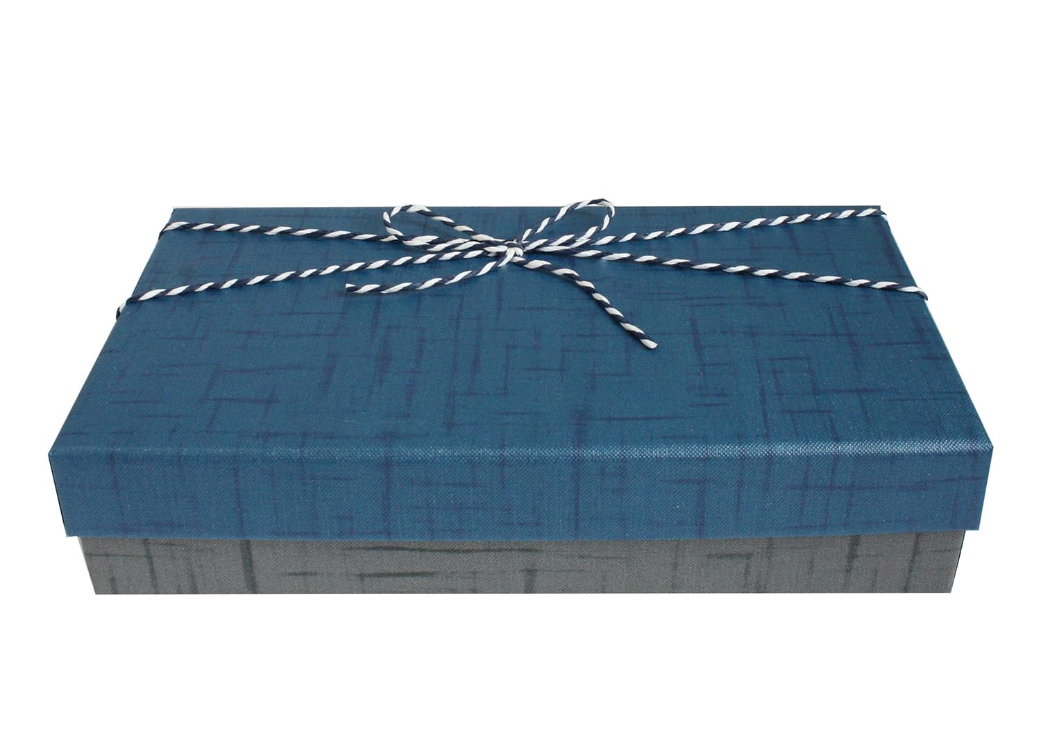 Emartbuy Rigid Luxury Rectangle Shaped Slim Presentation Gift Box, 23.2 x 11.5 x 4.5 cm, Grey Textured Box with Dark Blue Lid, Chequered Interior and Striped Decorative Ribbon