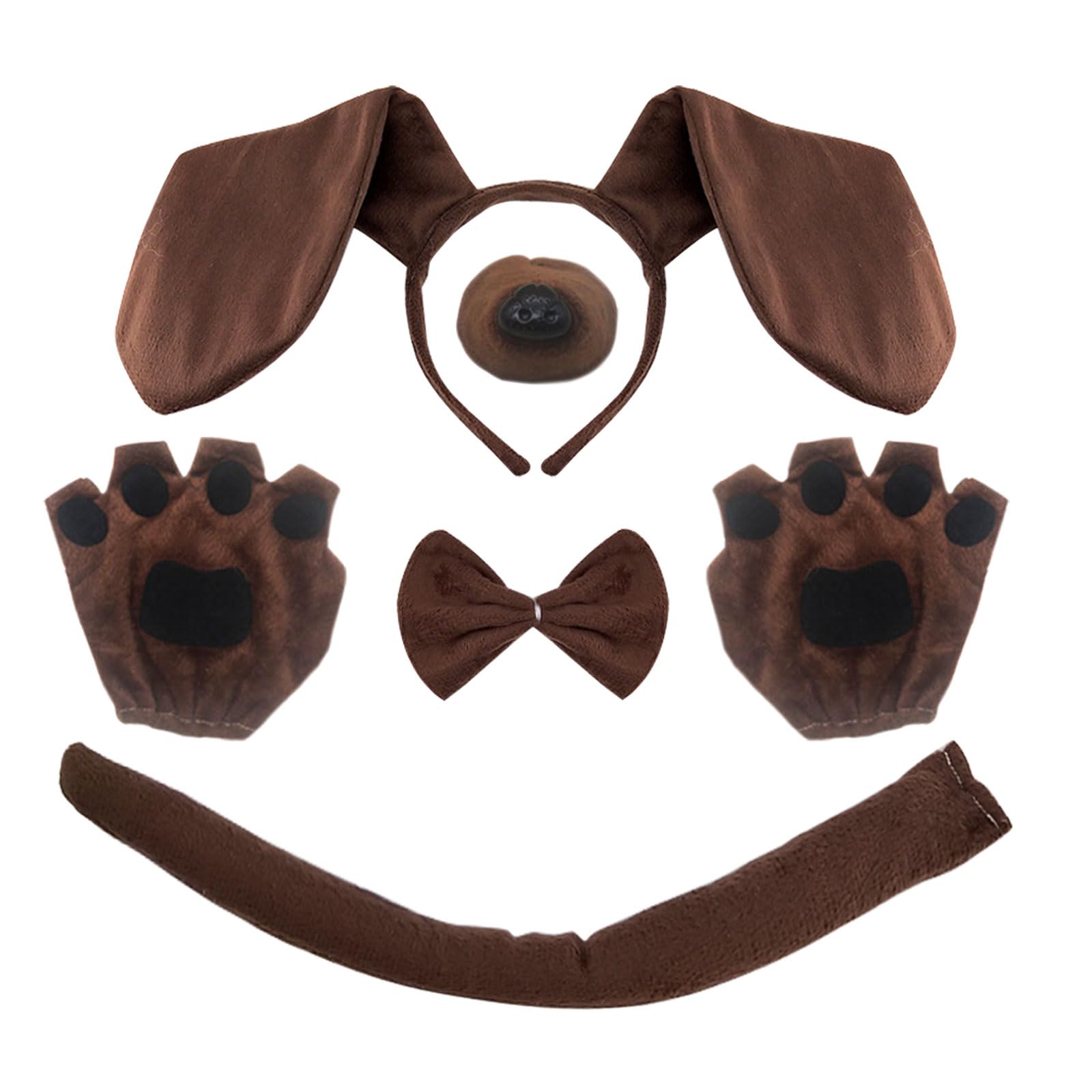 XNIVUIS 5 Pieces Dachshund Dog Set,Puppy Dog Costume Set,Include Dachshund Hairband Nose Tail Gloves Bowtie for Adult Kids Cosplay Children's Day Christmas Animal Theme Party (Brown)