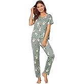 Floerns Women's Cartoon Print Short Sleeve Top with Long Pants Two Piece Pajama Sets