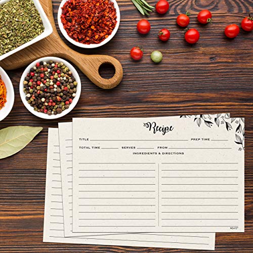 Spacious Recipe Cards - 50 count, 4x6" Double Sided. Thick Card Stock. Perfect for Recipe Box & Recipe Binder. Minimal Floral Kraft-Like Design