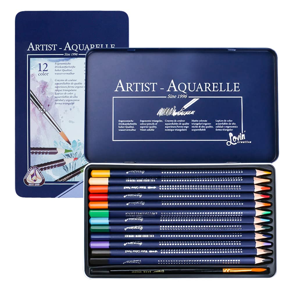 ITODA 12 Professional Watercolour Pencils Set with a Brush in Metal Box Water Soluble Pencils Colored Art Drawing Pencils for Adult Artist Beginners, Drawing Sketching Painting Art Supplies