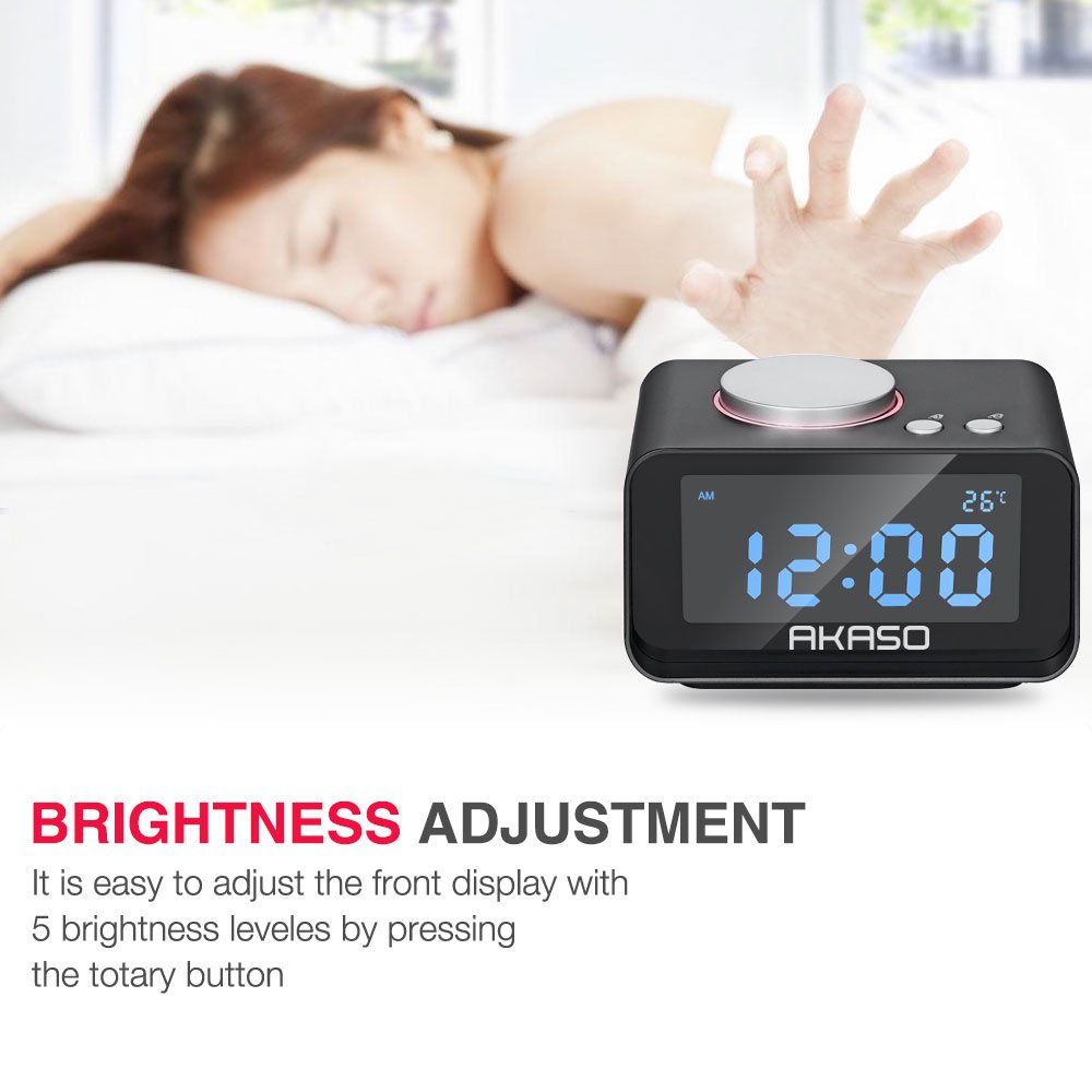 USB Alarm Clock, AKASO Radio Alarm Clock with Snooze Function, 5 Dimmer Brightness, Thermometer, 2 USB Charger Port for iPhone/iPad/iPod/Android and Tablets, Black