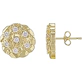 14K Gold Plated Nugget Earrings For Men Women, Unisex Round Textured Cookie Nugget Stud, Cubic Zirconia Round Shape Earrings Studs Gold