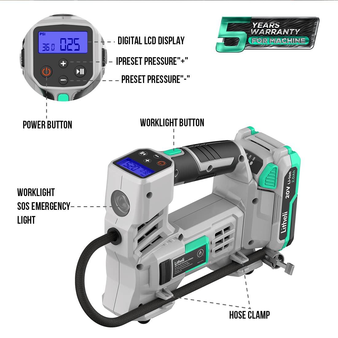 Litheli 20V Air Compressor Tire Inflator, Portable Pump for Car, Bike, Sports Ball, Battery Powered with Digital Pressure Gauge, 3 Nozzle Adapters, 150 PSI, Includes 2.0Ah Battery & Charger