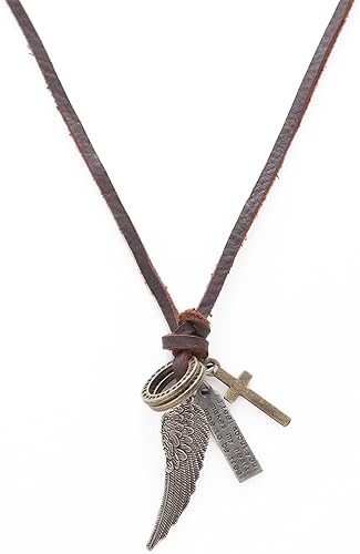 Amazon Strength レザー ネックレス ウィング ジュエリー ポーチ セット A643 クロス 十字架 革 ひも 紐 アンティーク プレート 刻印 アクセサリー メンズ レディース ウイング Wing 翼 羽 根 ブラウン 茶 ネックレス 通販