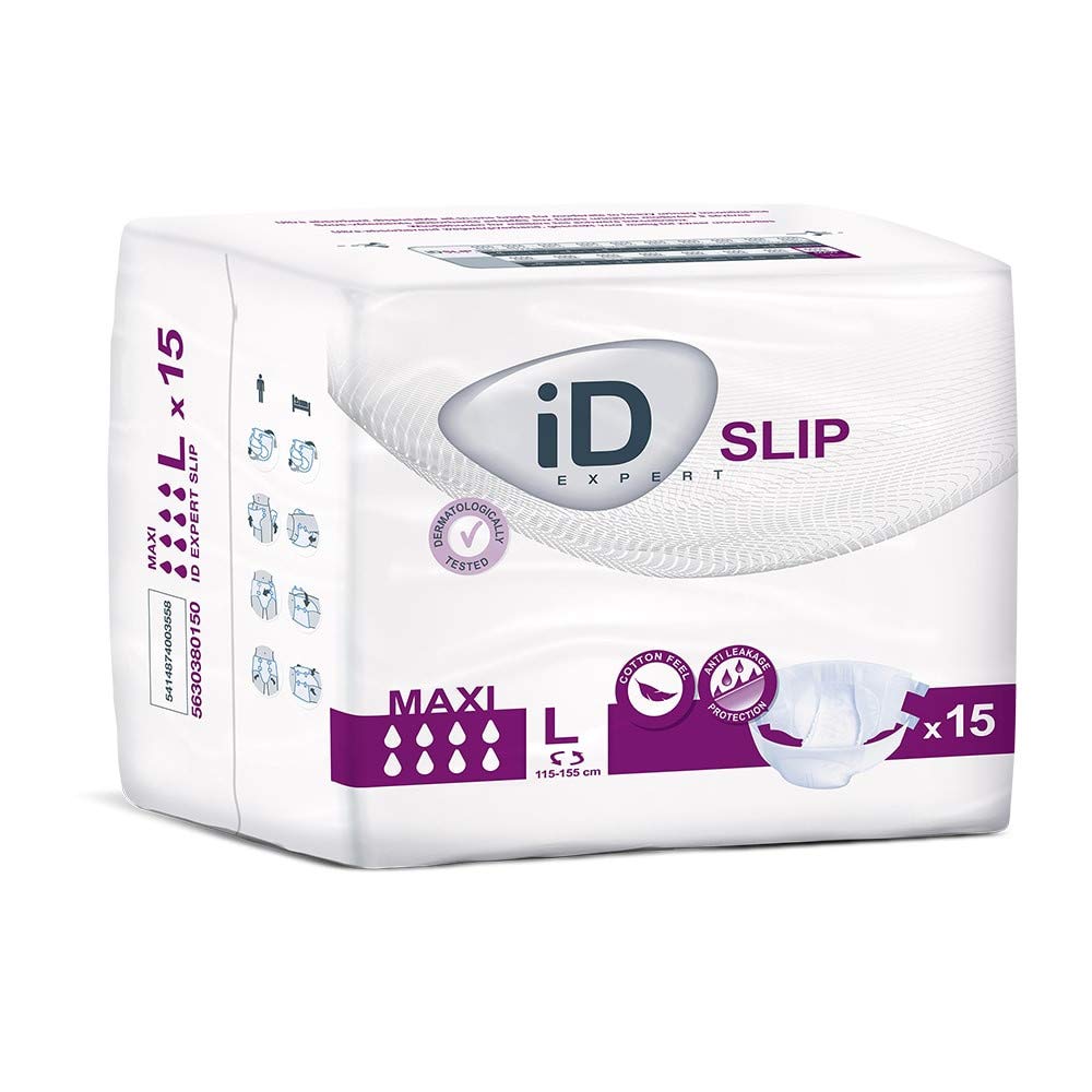 ID Expert Incontinence Pads, Fast Absorbing Disposable Briefs for Men and Women, Maxi, Heavy Absorption, Size Large 115-155 cm, Pack of 15