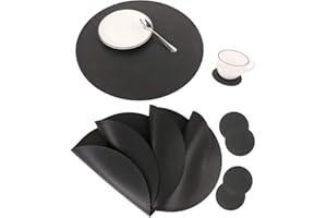 JOVONO Faux Leather Round Placemats and Coasters, Disko Table Mats and Drink Spills Coasters, Easy to Clean, Double Stitched for Kitchen Dining Table, Diameter 13''and 3.9''